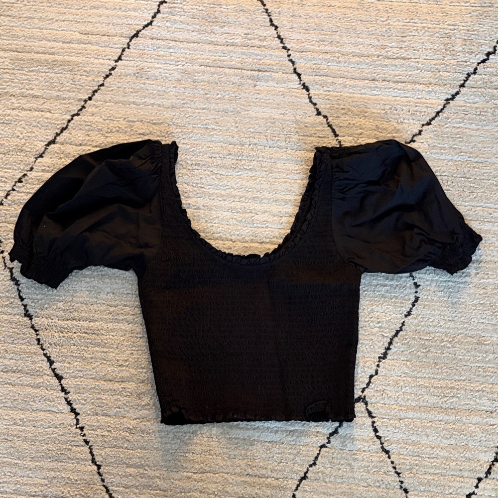Hill House Aiko Top Size Large Black Cotton Poplin Black Puff Sleeve Top